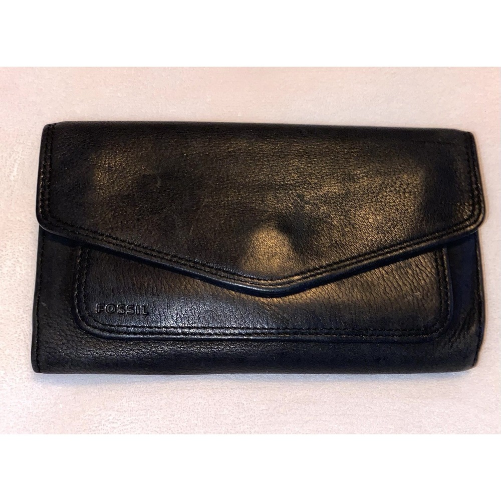 VTG Fossil Trifold Wallet Clutch Black Genuine Pebbled Leather Pockets Snaps
